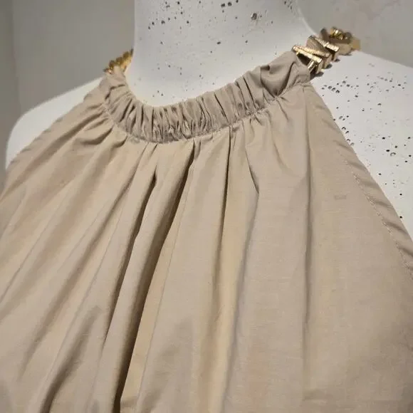 Michael Kors Khaki Gold Chain Halter Organic Stretch Cotton Midi Dress Tiered - Picture 3 of 10